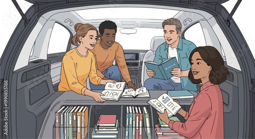 Diverse group of young adults enjoying books and learning outdoors from the back of an open SUV