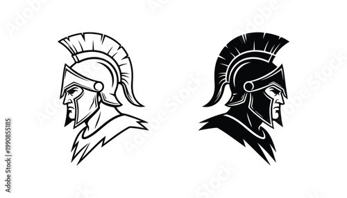 Ancient Spartan warrior helmet silhouette icon set in profile view for historical military branding