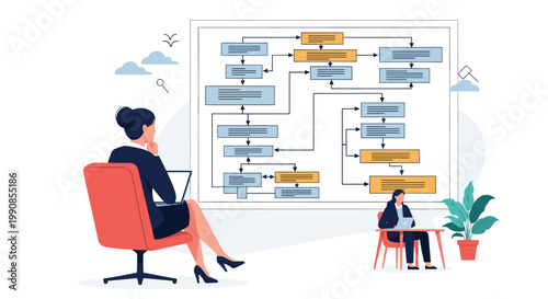 Professional woman sitting in an office chair and looking at a large complex flowchart on a wall to plan a corporate business strategy.