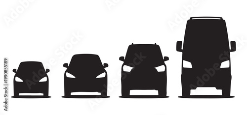 Collection of car front silhouettes with headlights showing different sizes from compact vehicles to large commercial vans.