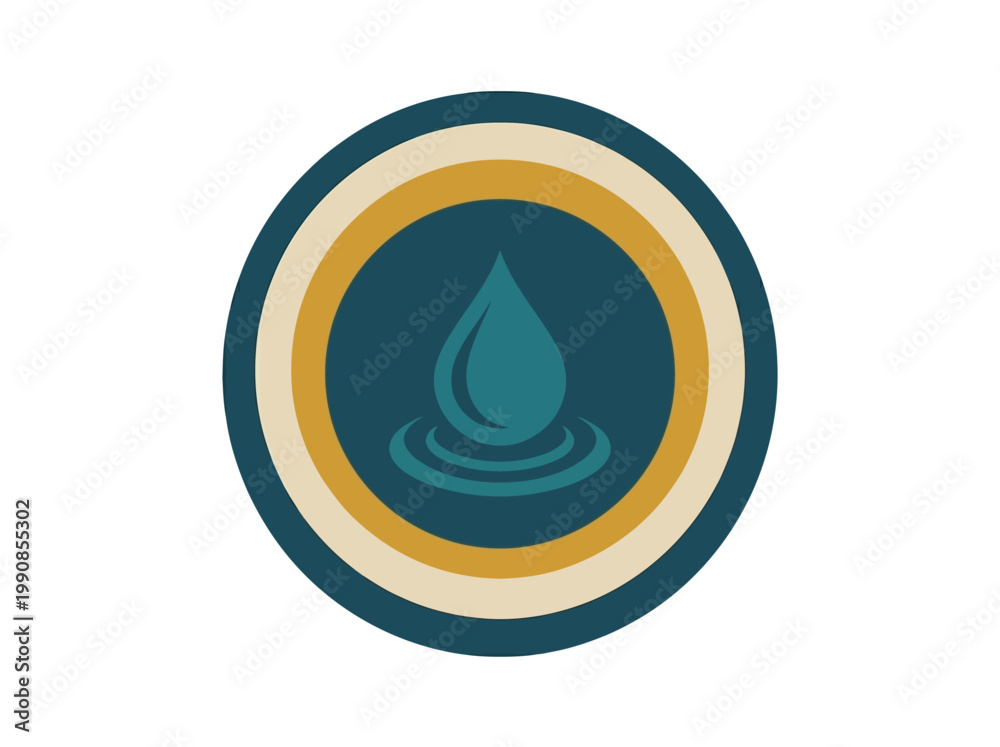 Fototapeta premium Stylized Water Drop Creating Ripples within a Rounded Emblem with Layered Borders, Representing Purity and Conservation