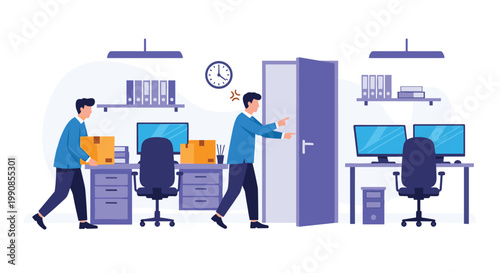 Angry manager pointing toward the office exit for a fired employee carrying a cardboard box of personal belongings to show job loss.