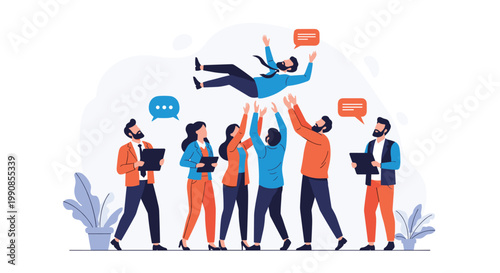 Team of diverse coworkers throwing their colleague into the air to celebrate a major business win and show strong teamwork and support.