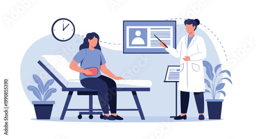 Professional doctor in a white coat using a pointer to explain a medical report on a screen to a female patient on an examination table.