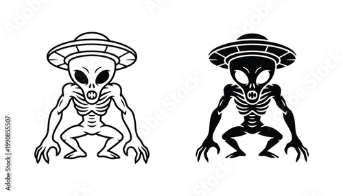 Creepy alien character wearing saucer hat line art and solid black silhouette icon set for sci-fi horror or extraterrestrial themes