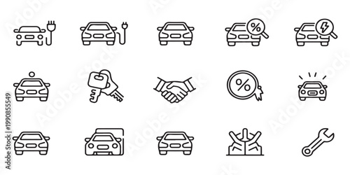 Set of modern car icons depicting electric vehicles, deals, and services for automotive industry.