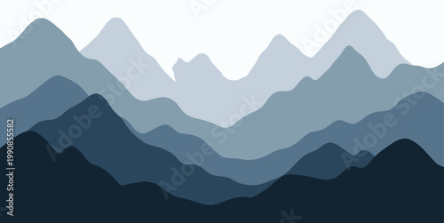 Minimalist mountain landscape vector, blue layered mountain range silhouette, atmospheric misty peaks background for outdoor adventure design