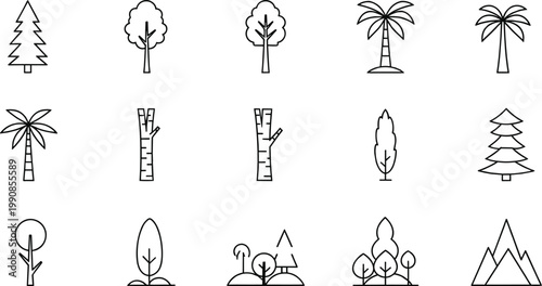 Flat nature icon vector set with vibrant green tree symbols and mountain peaks for eco-friendly and sustainable design