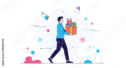 Young man in a blue shirt carrying a heavy stack of colorful gift boxes with ribbons to prepare for a celebration or special occasion.