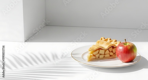 slice of apple pie on a white plate with a red apple