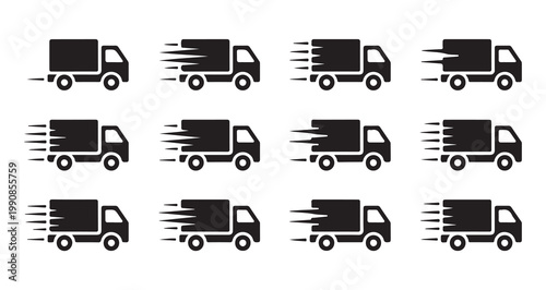 Set of modern delivery truck icons with speed lines for express shipping and logistics services business concepts.