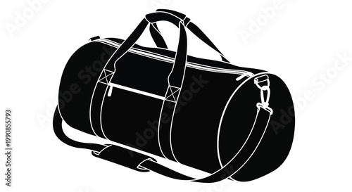 A black and white illustration of a cylindrical duffel bag with handles
