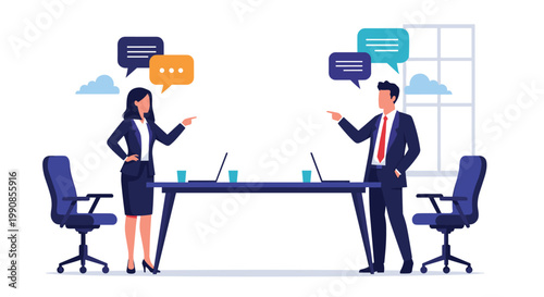 Two business professionals in suits standing on opposite sides of a table and pointing fingers while arguing with speech bubbles above.