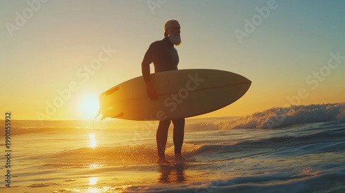 Older caucasian surfer laughing at sunset, warm sunlight on face, holding surfboard with waves in background, portrait of retired lifeguard enjoying active