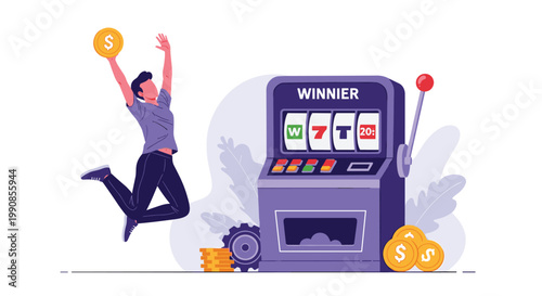 Excited man jumping in the air with coins while winning a jackpot on a purple slot machine with three sevens on the display screen.