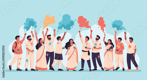 Group of diverse Indian people in traditional white clothes celebrating the Holi festival by throwing colorful powder clouds into the air.