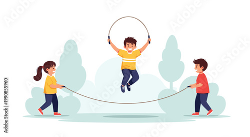 Three happy children playing together in a park with one boy jumping over a long skipping rope held by a girl and another boy.