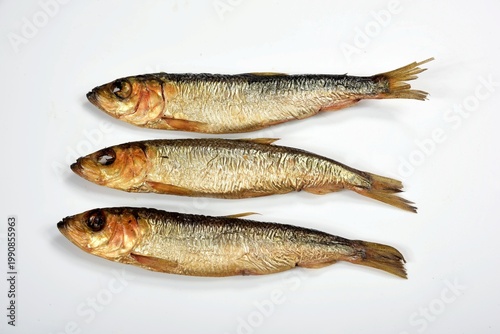 

Hot smoked Baltic herring on a white background