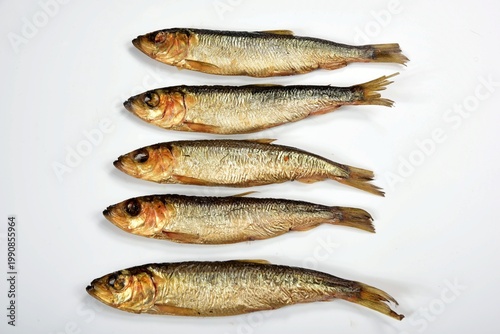 

Hot smoked Baltic herring on a white background