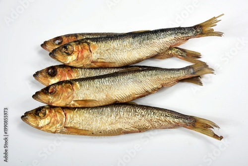 

Hot smoked Baltic herring on a white background