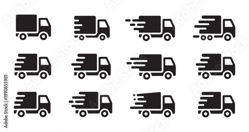 Collection of truck icons illustrating fast delivery and logistics services with motion effects.