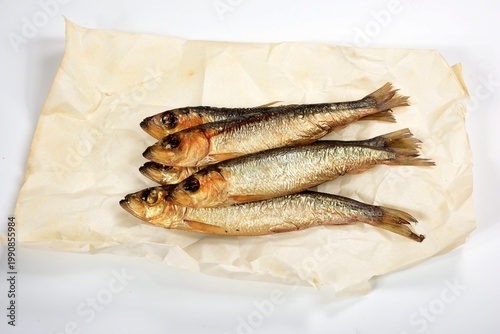 

Hot smoked Baltic herring on a white background