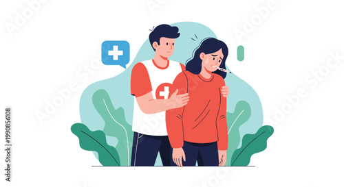 Concerned man supporting a sick woman who has a thermometer in her mouth and is wrapped in a red blanket in front of leaves.