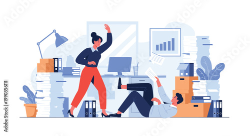 Angry female boss in a suit yelling at a male employee who has fallen down in a messy office filled with stacks of paperwork.