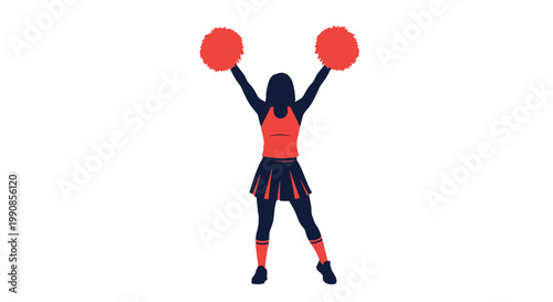 Dark silhouette of a female cheerleader holding up two bright red pom-poms against a clean white background in a celebratory pose.