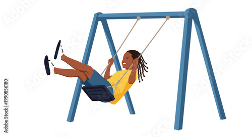 Young boy with long dark hair and a yellow shirt happily swinging on a blue swing set against a white background.