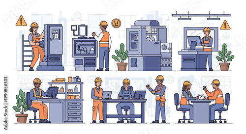 Vector illustration for World Day for Safety and Health at Work showing diverse workers in various industrial settings, highlighting workplace accident prevention in a clean, modern design