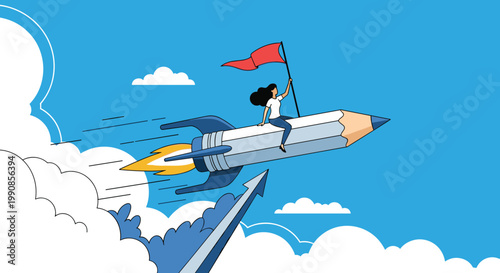 Businesswoman holding a red flag while riding a giant pencil rocket ship through the sky over clouds and a rising blue arrow.