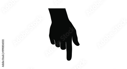 A black silhouette of a hand pointing downwards on a white background