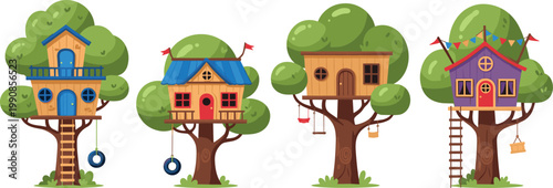 Colorful Treehouses with Swings, Ladders, and Flags for Playful, Outdoor, and Children's Design Projects