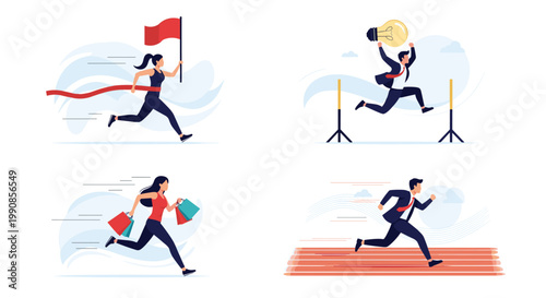 Four scenes showing a woman winning a race, a man jumping over a hurdle with an idea, a woman shopping, and a businessman running.