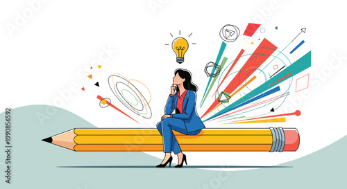 Businesswoman sitting on a giant yellow pencil and thinking while colorful shapes and a lightbulb idea emerge from behind her.