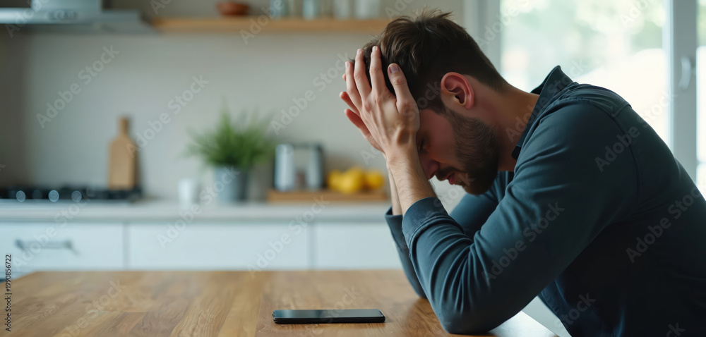 Obraz premium Man sits at table holding head hands. He looks down phone lies nearby. Kitchen interior reflects his deep sadness. He feels stressed and alone.