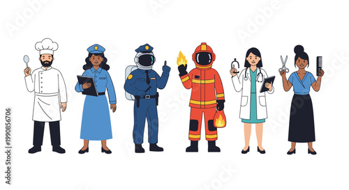Diverse group of professionals standing together in their work uniforms representing different career paths.