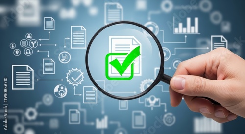 Thorough digital document verification and data compliance audit process with a magnifying glass examining a validated file in a conceptual network