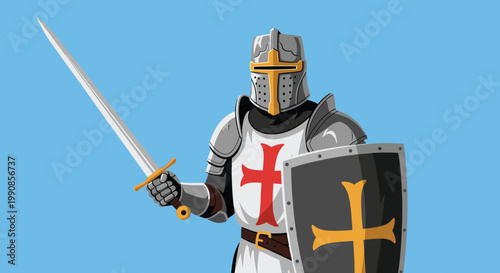 Brave medieval knight wearing silver plate armor and a templar cross while holding a sword and wooden shield.