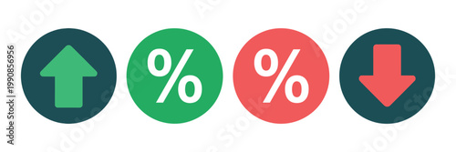 Financial indicator icons set, percent sign up and down arrows, stock market analysis and growth chart symbols, business finance trend concept