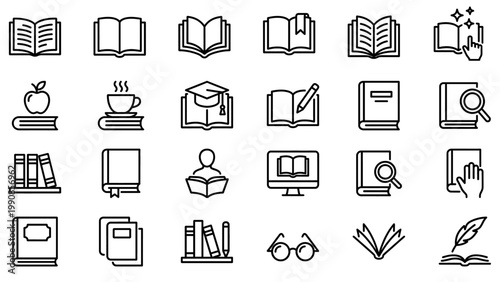book study icons. library literacy education and academic research icon set