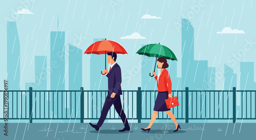 Business man and woman walking on a city sidewalk in the rain while holding colorful umbrellas to stay dry.