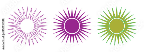 Stylized sunburst vector icons, vibrant purple and green starburst graphic elements, modern abstract radial shapes for design projects isolated on White Background