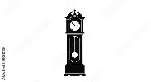 A black silhouette of a classic grandfather clock standing upright