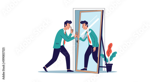 Curious man looking at his own reflection in a mirror where the reflected version is making a shushing gesture.