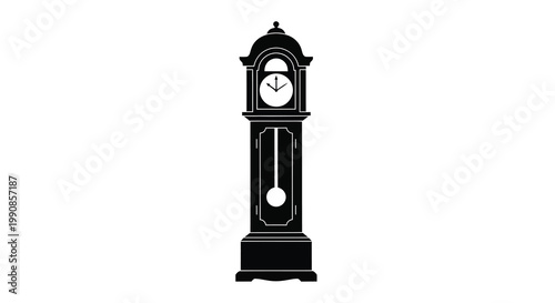 A black silhouette of a classic grandfather clock with a visible clockface