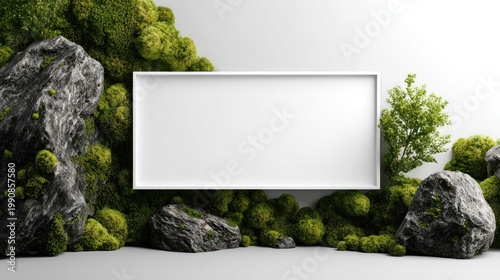 Blank white display screen surrounded by green moss and grey rocks