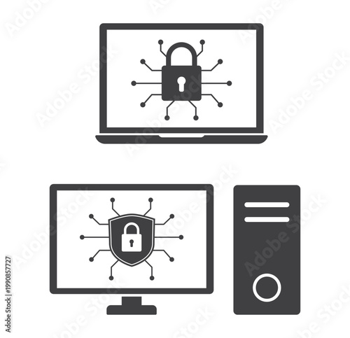 Cyber Security Shield Icon with Padlock on laptop computer monitor