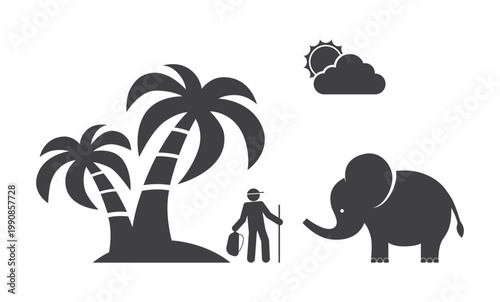 Tourist near elephant and palm tree icon